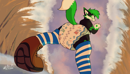 ageplay anthro big_diaper black_body black_fur boots butt butt_focus clean_diaper clothed clothing diaper diaper_focus footwear fur green_hair green_highlights green_markings green_tail hair highlights_(coloring) infantilism littlepawz_(diaper) looking_at_diaper looking_back low-angle_view male markings outside pantsless roleplay shirtless shoes solo tail walking worm's-eye_view worried ragesamuraix abuniverse littlepawz programming_socks canid canine canis domestic_dog husky mammal nordic_sled_dog spitz hi_res