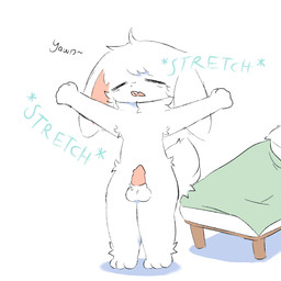 animal_genitalia animal_penis anthro bed canine_genitalia canine_penis chibi eyes_closed fluffy furniture genitals hair male neck_tuft open_mouth penis short_tail solo standing stretching tail tuft waking_up white_body white_hair yawn young eepydoggy lagomorph leporid mammal rabbit hi_res