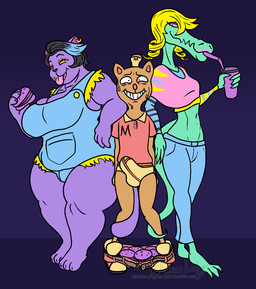 3_toes anthro barefoot big_breasts bodily_fluids bottomwear bottomwear_down breasts briefs clothed clothing drinking ear_piercing erection erection_under_clothing feet female grin group hat headgear headwear huge_breasts male midriff pants pants_down partially_clothed piercing shirt slightly_chubby slim smile sweat text text_on_clothing text_on_hat text_on_headwear text_on_shirt text_on_topwear toes tongue tongue_out topwear underwear weight_difference wittless-pilgrim undertale undertale_(series) bratty_(undertale) burgerpants catty_cattenheimer alligator alligatorid crocodilian domestic_cat felid feline felis mammal reptile scalie hi_res