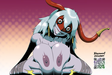 areola big_breasts breast_play breasts clothed clothing female grey_hair grin hair horn huge_breasts long_hair nipple_dip nipples purple_body purple_skin qr_code sex sharp_teeth smile solo teeth titfuck topless topless_female yellow_eyes klaymoor_(artist) bandai_namco digimon animal_humanoid arachnid arachnid_humanoid arachnid_taur arthropod arthropod_humanoid arthropod_taur arukenimon digimon_(species) humanoid spider spider_humanoid spider_taur taur hi_res