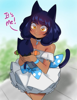 animal_ears biped blue_hair blush clothing dialogue dress eyelashes female hair plushie pupils smile solo tail text white_clothing lightsource murasaki_(lightsource) animal_humanoid cat_humanoid felid felid_humanoid feline feline_humanoid humanoid mammal mammal_humanoid hi_res male_(lore)