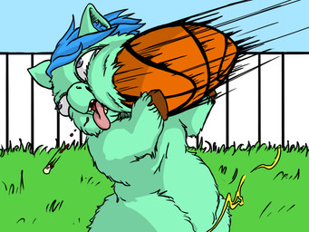 ambiguous_feral ambiguous_gender ball basketball_(ball) blood blue_hair bodily_fluids brown_hooves eye_roll fence feral fur genital_fluids grass green_body green_fur hair hooves missing_tooth motion_lines on_hind_legs pain pained_expression peeing peeing_outside plant purple_eyes quadruped sky solo squish teeth tongue tongue_out tooth_removal urine wetting young young_ambiguous young_feral papa_nurgle fluffy_pony fluffy_pony_(species) mammal 4:3