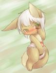 anthro blush brown_body brown_fur clean_diaper clothed clothing covering covering_self diaper diaper_only embarrassed female fur green_eyes hair solo topless wearing_diaper white_hair young young_anthro rugia1992 made_in_abyss nanachi lagomorph mammal narehate 2018