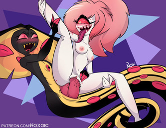 2_penises anal anal_penetration anthro anus black_body blush breasts butt claws double_penetration duo fangs female female_penetrated genitals hair interspecies looking_pleasured male male/female male_penetrating male_penetrating_female multi_eye multi_genitalia multi_penis multicolored_body nipples nude on_bottom on_top open_mouth open_smile paired_penetration penetration penile penile_penetration penis pink_eyes pink_hair reverse_cowgirl_position sex simple_background smile tattoo teeth tongue tongue_out two_tone_body vaginal vaginal_penetration vulva white_body yellow_body noxoic hazbin_hotel hellaverse cherri_bomb_(hazbin_hotel) sir_pentious_(hazbin_hotel) cyclops demon humanoid reptile scalie snake