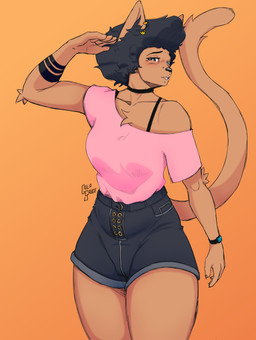 afro anthro arm_tattoo bottomwear bra_strap brown_body brown_fur choker clothed clothing ear_piercing ear_ring facial_piercing female fully_clothed fur gesture jewelry looking_at_viewer necklace nose_piercing piercing pink_clothing pink_shirt pink_topwear ring_piercing salute shirt shorts solo tail tattoo topwear gulasauce_(artist) andrea_monterra domestic_cat felid feline felis majarean mammal absurd_res hi_res