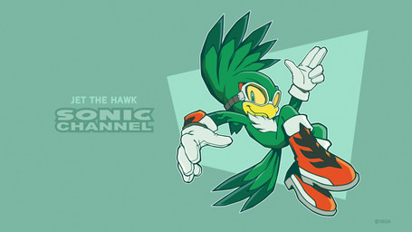 5_fingers action_pose anthro biped blue_eyes chest_tuft clothing copyright_symbol eyewear fingers footwear fur gloves goggles green_background green_body green_fur handwear looking_at_viewer male pose shoes simple_background solo symbol text tuft white_clothing white_gloves white_handwear yuji_uekawa sega sonic_channel sonic_riders sonic_the_hedgehog_(series) jet_the_hawk accipitrid accipitriform avian bird 16:9 2025 4k absurd_res cel_shading character_name copyright_name digital_drawing_(artwork) digital_media_(artwork) english_text full-length_portrait hi_res official_art portrait shaded wallpaper widescreen