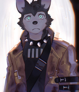 anthro athletic athletic_anthro athletic_male belt black_belt black_body black_clothing black_fur black_shirt black_topwear blue_eyes brown_clothing brown_jacket brown_topwear clothing collar frown fur jacket looking_at_viewer male shirt solo spiked_collar spikes topwear white_body white_fur hemuchang canid canine fox mammal 2022 hi_res