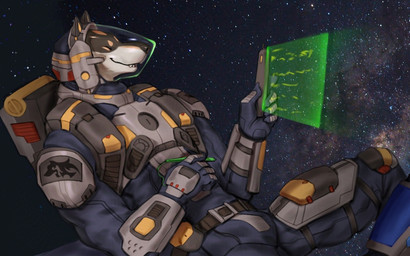 anthro armor biped black_body black_fur cosmic_background eyes_closed fur headgear helmet male male_anthro multicolored_body multicolored_fur solo space space_background spacesuit tan_body tan_fur white_body white_fur zephyxus canid canine canis mammal wolf 16:10 2025 digital_media_(artwork) widescreen
