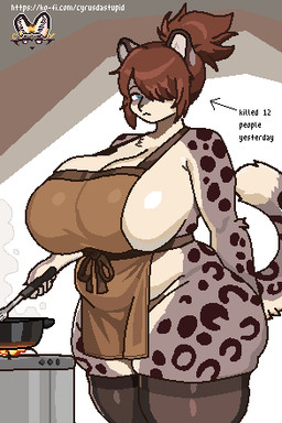 anthro apron apron_only breasts clothing cooking female female_anthro female_penetrated fire hair legwear looking_at_viewer mature_anthro mature_female pan penetration pose solo tail text thigh_highs tied_hair cyrusdastupid felid mammal pantherine snow_leopard artist_name colored detailed digital_drawing_(artwork) digital_media_(artwork) english_text low_res shaded signature