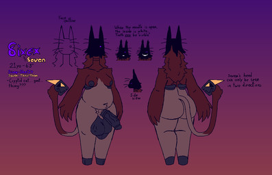 anthro arm_tuft ball_sag balls belly belly_tuft big_balls big_butt big_hands big_penis breasts butt claws flared_penis front_view genitals gynomorph hair hooves horn intersex larger_gynomorph larger_intersex living_tail long_ears long_hair long_neck navel nipples obscured_face overweight overweight_gynomorph overweight_intersex penis pubes purple_eyes rear_view ribs shadowed_face sharp_teeth shoulder_tuft size_difference small_breasts small_nipples smile solo tail tail_head teeth text thick_thighs tuft unusual_anatomy unusual_tail vein veiny_balls veiny_penis whiskers felineflustered seven_(felineflustered) sixex_(felineflustered) bovid caprine cryptid domestic_cat felid feline felis goat hybrid mammal english_text model_sheet trans_(lore) trans_woman_(lore)