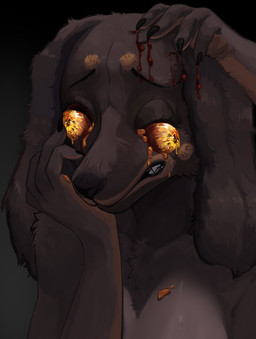 agony ambiguous_gender anthro black_body black_fur blood bodily_fluids clenched_teeth crying eyes_popping_out floppy_ears fluffy fluffy_ears frenzy_flame fur furless_breasts gore mutilation self_mutilation solo swollen_eyes tawny_fur tears teeth nchprous elden_ring fromsoftware angel_shadow canid canine canis dachshund domestic_dog hunting_dog long-haired_dachshund mammal absurd_res hi_res