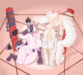 anthro areola areola_slip big_areola big_breasts breasts chastity_seal cloak clothing covered_nipples curvy_figure dark_body duo eyeless female fingers fire fluffy fur huge_breasts ineffective_clothing kemono looking_at_viewer magic_user markings mask mostly_nude nipple_outline nipple_tape ofuda ofuda_on_breast open_mouth open_smile pasties pink_body presenting presenting_breasts simple_background slightly_chubby smile solo tail tail_mouth talisman tape teasing teeth text thick_thighs tongue unusual_anatomy unusual_tail voluptuous white_body mangakitsune2 amaverse asian_mythology east_asian_mythology japanese_mythology mythology haumi kofuku canid canine demon fox ghost mammal monster mythological_canine mythological_creature mythological_fox spirit yokai absurd_res hi_res japanese_text
