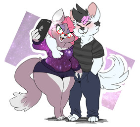3_toes 4_fingers anthro blush breasts bulge cellphone clothing curvy_figure duo electronics eyewear feet female fingers fur glasses green_eyes grope hair hand_on_breast holding_object holding_phone male open_mouth phone selfie simple_background smile standing teeth thick_thighs toes tongue voluptuous wide_hips backsash sash_(backsash) canid canine canis domestic_cat felid feline felis mammal wolf 2018 digital_drawing_(artwork) digital_media_(artwork) hi_res