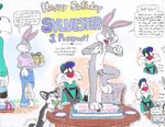absurd_res accent anthro anus ball barefoot baseball_cap being_watched birthday birthday_cake birthday_gift birthday_party bodily_fluids bottomwear bow_tie bugs-bunny_(artist) bugs_bunny butt cake canid canine canis chair clothing coy denim denim_bottomwear denim_clothing dessert dialogue dirty_feet disrespect domestic_cat domestic_dog duo english_text feet felid feline felis feral food food_fetish food_play foot_fetish foot_focus footwear furniture girly hat headgear headwear hi_res humiliation jeans lagomorph leporid looking_at_another looney_tunes male male/male mammal nude on_table oversized_clothing pants plate presenting presenting_hindquarters pubes question_mark rabbit sandals shocked shorts socks_with_sandals speech_bubble stomping sweat sweatdrop sweater sylvester table teasing text topwear traditional_media_(artwork) turtleneck vest warner_brothers worried