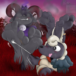 2_horns 3_toes ambiguous_gender anthro barefoot bell bell_collar big_feet bite biting_lip biting_own_lip black_body black_fur black_nose blush cape clothed clothed_anthro clothed_male clothing collar crossed_ankles crown duo ear_piercing ear_ring eyes_closed feet foot_fetish foot_focus fur hair_swirl headgear holding_laugh holding_object horn lying male on_front one_eye_closed piercing pink_tongue plantigrade purple_cape purple_clothing ring_piercing self_bite sitting sitting_on_ground soles steam steamy_feet tickle_fetish tickle_torture tickling tickling_feet toe_restraints toes toes_tied tongue tongue_out white_body white_fur white_wool wool_(fur) coyocislav skonczonyidiota cult_of_the_lamb massive_monster_(studio) goat_(cult_of_the_lamb) bovid caprine goat mammal 1:1 artist_collaboration hi_res