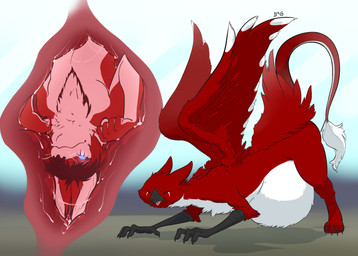 abdominal_bulge anthro beak claws cutaway duo eyes_closed feathers feral internal red_body red_feathers simple_background soft_vore vore wings durg_(artist) mythology avian canid canine fox gryphon mammal mythological_avian mythological_creature 2015 absurd_res hi_res