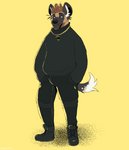 anthro black_nose bottomwear clothing fashion footwear frohawk fur hand_in_pocket hands_in_both_pockets jewelry looking_away male multicolored_body multicolored_fur multicolored_tail necklace pants pockets shoes simple_background slightly_chubby slightly_chubby_male solo standing sweater tail topwear turtleneck splvshcat darius_davis african_wild_dog canid canine canis mammal absurd_res hi_res