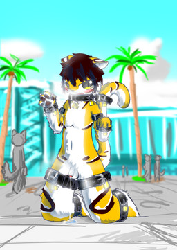 anthro bodily_fluids bound cum genital_fluids gesture lento lock male outside public solo waving young lentocn felid mammal pantherine tiger absurd_res hi_res