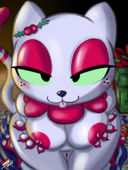 4_fingers anthro areola bedding blanket blep blush breast_squish breasts claws eyelashes female fingers floor freckled_face freckles fur genitals gift glistening_eyelids green_eyes high-angle_view holding_breast holly_(plant) holly_bow kneeling long_eyelashes looking_at_viewer multicolored_body nipple_dip nipples nude on_ground pawpads paws plant red_areola red_body red_fur red_nipples red_vulva shortstack smile smiling_at_viewer solo squish tail thick_thighs tongue tongue_out two_tone_body vulva whisker_spots white_body white_fur wood wood_floor drow462 junipurr domestic_cat felid feline felis mammal 3:4 hi_res