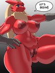 anthro big_breasts big_butt blaziken breasts butt curvy_figure darkened_genitalia darkened_pussy dialogue english_text female generation_3_pokemon genitals glistening glistening_body glistening_breasts hand_on_hip hi_res huge_breasts looking_at_viewer muscular muscular_female nintendo nipples nude pokemon pokemon_(species) pussy red_body solo standing text thick_thighs thugji3 voluptuous wide_hips
