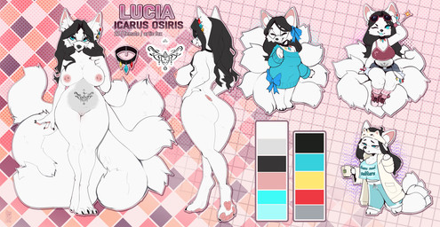 4_toes 5_fingers anthro areola barbell_piercing biped black_hair blue_eyes blue_tongue bottomwear breasts butt claws clothed clothed_anthro clothed_female clothing ear_piercing eyes_closed eyewear eyewear_only feet female finger_claws fingers front_view fully_clothed fully_clothed_anthro fully_clothed_female genitals glasses glasses_only hair hand_on_hip hand_on_own_hip handpaw inner_ear_fluff multi_tail navel navel_piercing nipple_piercing nipples nude nude_anthro nude_female one_eye_closed paws piercing rear_view sitting smile solo standing tail text toe_claws toes tongue tongue_out topwear tuft vulva wearing_glasses white_tail cocoline_(artist) lucia_(luciathecelestialvixen) canid canine fox mammal 2025 absurd_res digital_drawing_(artwork) digital_media_(artwork) english_text hi_res model_sheet