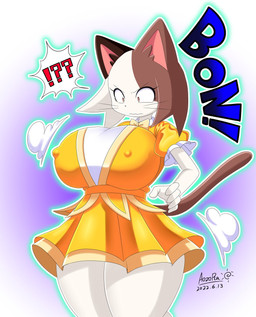 amber_eyes anthro big_breasts bow_tie breast_expansion breasts clothed clothing constricted_pupils curvy_figure dress expansion female female_anthro fur hair huge_breasts interrobang kemono looking_down mottled nipple_outline piebald pupils short_dress simple_background small_pupils smoke solo sound_effects surprised text thick_thighs thigh_expansion voluptuous whiskers white_body white_fur wide_hips aozora_(tasogare_aozora) odd_taxi shiho_ichimura_(odd_taxi) calico_cat domestic_cat felid feline felis mammal 2022 hi_res