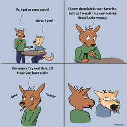 anthro blue_bottomwear blue_clothing bottomwear brown_body brown_fur chair clothed clothing dialogue eating eating_food food fur furniture green_clothing green_topwear happy holding_object humor looking_at_another male narrowed_eyes simple_background sitting smile standing table text topwear ravalska pocky poro_alska rav_alska 1:1 absurd_res comic english_text hi_res