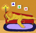 4_fingers 4_toes brown_nose butt claws eyes_closed feet fingers fur furniture lamp lying male mane nude on_front painting pawpads side_view sleeping sofa solo tail toes yellow_body yellow_fur syr felid lion mammal pantherine theo_(disambiguation) 2013 hi_res signature