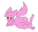 anthro big_breasts breasts female fluffy fluffy_tail fur hair pink_body pink_fur red_eyes simple_background solo tail thick_thighs wide_hips nsfwtheodore domestic_cat felid feline felis mammal 2022 hi_res