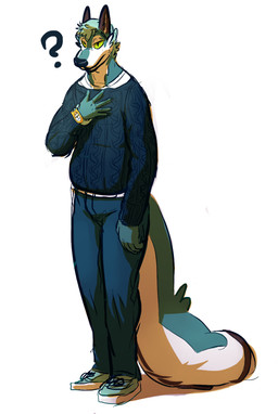 anthro belt big_tail bottomwear clock clothing fluffy fluffy_tail footwear hand_on_chest looking_at_viewer male pants question_mark shoes solo sweater tail topwear watch joebluefox joe_(joebluefox) canid canine fox mammal