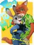 2017 abstract_background aloha_shirt anthro border bottomwear canid canine cheek_pinch clothed clothing disney duo female fox fur hand_behind_back hand_in_pocket inner_ear_fluff judy_hopps lagomorph leporid long_ears male mammal necktie nick_wilde one_eye_closed open_mouth open_smile pants pattern_clothing pattern_shirt pattern_topwear pockets police police_uniform rabbit red_fox sakaki46 shirt size_difference smile text topwear true_fox tuft uniform white_border zootopia