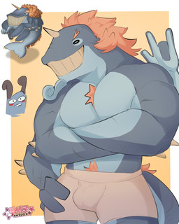4_arms anthro barazoku body_hair bulge happy_trail male multi_arm multi_limb muscular jagshiro big_blue_bubble my_singing_monsters aquatic bowgart bowhead cetacean mammal whale 4:5