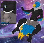 4_toes 5_fingers abs anisodactyl anthro arm_feathers athletic athletic_anthro athletic_male avian_feet balls_outline beak biceps big_bulge biped black_body black_claws black_eyebrows black_feathers blue_body blue_feathers boxer_briefs bulge claws close-up clothed clothing cosmic_background cutaway detailed_background detailed_bulge digitigrade earth eyebrows feathers feet finger_claws fingers front_view galaxy genital_outline grey_body grey_clothing grey_feathers grey_underwear hand_on_planet holding_object holding_planet macro male mane outside pecs planet planet_dwarfing scutes sheath_outline shooting_star skimpy solo space spacescape star tail tail_feathers talons terra_macro toe_claws toes topless underwear underwear_only yellow_beak yellow_eyes yutmutt ahab_(ahugebird) accipitrid accipitriform avian bald_eagle bird eagle sea_eagle 2021 digital_media_(artwork) flat_colors hi_res signature