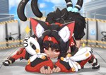 2_tails 4_toes >:3 all_fours anthro anthrofied asian_clothing ass_up barcode_on_head black_hair blurred_background clothing cute_fangs east_asian_clothing eyebrow_through_hair eyebrows fangs feet female fur hair inner_ear_fluff looking_at_viewer multi_tail open_mouth open_smile pounce_pose pupils red_eyes slit_pupils smile solo sparkles tail tan_body tan_fur teeth toes translucent translucent_hair tuft whiskers horokusa0519 asian_mythology east_asian_mythology japanese_mythology mihoyo mythology zenless_zone_zero nekomiya_mana felid mammal nekomata yokai absurd_res hi_res