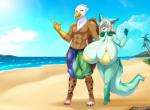 2017 abs absurd_res anthro areola avian beach beak big_breasts big_bulge bikini blue_eyes breasts brown_body brown_feathers bulge canid canine claws clothed clothing cloud detailed_background duo emerald_mist eyewear feathered_wings feathers female fox green_eyes gryphon hair hi_res huge_breasts huge_bulge hyper hyper_breasts hyper_bulge long_hair male mammal mleonheart multicolored_hair mythological_avian mythological_creature mythology nipple_outline open_mouth outside palm_tree plant sand seaside sky smaller_version_at_source space_fox squeaks sunglasses swimwear toe_claws tongue topless tree two-piece two_tone_hair water white_body white_feathers wings