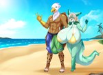 abs anthro areola beach beak big_breasts big_bulge bikini blue_eyes breasts brown_body brown_feathers bulge claws clothed clothing cloud detailed_background duo eyewear feathered_wings feathers female green_eyes hair huge_breasts huge_bulge hyper hyper_breasts hyper_bulge long_hair male multicolored_hair nipple_outline open_mouth outside palm_tree plant sand seaside sky sunglasses swimwear toe_claws tongue topless tree two-piece two-piece_swimsuit two_tone_hair water white_body white_feathers wings mleonheart mythology emerald_mist squeaks avian canid canine fox gryphon mammal mythological_avian mythological_creature space_fox 2017 absurd_res hi_res smaller_version_at_source