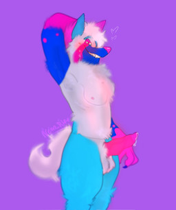 anthro armpit_hair balls blue_markings bodily_fluids body_hair erection fangs fluffy fluffy_balls fluffy_tail genital_fluids genitals hair heterochromia lean_body male markings nipples pecs pink_genitals pink_nipples pink_stripes precum pupils sectoral_heterochromia short_hair solo stripes sweat sweatdrop tail teeth white_body white_hair white_pupils m0chibunz taffy(m0chibunz) canid canine canis mammal wolf colorful_theme