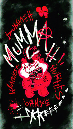 alternative_fashion ambiguous_anthro ambiguous_gender anthro baby_talk black_hair blood blood_on_teeth bodily_fluids bodypaint ear_piercing electronics eyelashes eyes_closed face_paint fur hair highlights_(coloring) holding_microphone holding_object makeup mascara microphone overweight overweight_anthro piercing punk red_body red_fur semi-anthro sharp_teeth singing skull_tattoo solo standing tattoo teeth text white_face_paint white_highlights young young_ambiguous young_anthro mossyfluff fluffy_pony fluffy_pony_(species) mammal 2023 digital_media_(artwork) english_text hi_res restricted_palette