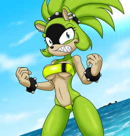 accessory anthro bandeau big_breasts black_body blue_eyes bracelet breasts clothing countershade_face countershading day detailed_background ear_piercing ear_ring female green_body green_hair hair hair_accessory hair_tie jewelry looking_at_viewer multicolored_body outside piercing ring_piercing sea sharp_teeth skinny_anthro skinny_female solo studded_bracelet studded_hair_tie studded_jewelry studs swimwear teeth thick_thighs tied_hair topwear two-piece_swimsuit under_boob water wide_hips sandwich-anomaly idw_publishing sega sonic_the_hedgehog_(comics) sonic_the_hedgehog_(idw) sonic_the_hedgehog_(series) surge_the_tenrec afrosoricid mammal tenrec 2025
