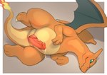 anus bodily_fluids erection feral fire flaming_tail genital_fluids genitals lying male orange_body penis precum simple_background solo tail fukashinx nintendo pokemon charizard generation_1_pokemon pokemon_(species) reptile scalie 2022