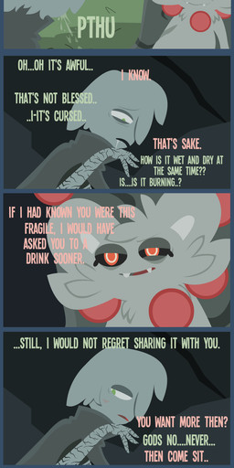 ambiguous_gender anthro beverage bodily_fluids dialogue duo male saliva spitting text shane_frost ter_(sword_breaker) teruhn_(sword_breaker) human humanoid mammal absurd_res comic english_text hi_res long_image tall_image