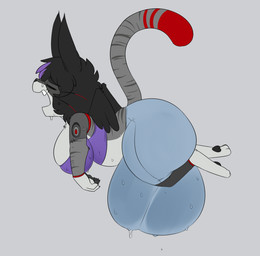 anthro barefoot big_bulge black_hair black_nose bodily_fluids bottomwear breasts bulge clothing eyes_closed feathered_wings feathers feet flying genital_fluids gynomorph hair highlights_(coloring) huge_bulge intersex machine open_mouth pants pawpads precum purple_clothing purple_highlights purple_topwear shortstack shortstack_gynomorph shortstack_intersex side_view solo tail topwear wings yawn robertge jason_markova domestic_cat felid feline felis mammal robot 2025 digital_media_(artwork)