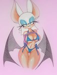 :3 anthro bat_wings bedroom_eyes big_breasts big_ears bikini black_nose blue_eyeshadow blush bottomwear bow_ribbon breast_squish breasts clothed clothing clothing_lift curvy_figure eyelashes eyeshadow fangs female fog fur green_eyes grin hair hands_behind_back lipstick long_eyelashes looking_at_viewer makeup membrane_(anatomy) membranous_wings narrowed_eyes navel partially_clothed seductive shirt shirt_lift short_hair simple_background smile solo squish sweater swimwear tan_body tan_skin teeth thick_thighs thigh_gap topwear two-piece_swimsuit under_boob white_body white_fur wide_hips wings selfdestructking sega sonic_the_hedgehog_(series) rouge_the_bat bat mammal absurd_res colored_line_art hi_res portrait signature three-quarter_portrait traditional_media_(artwork)