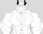 2_horns abs anthro arm_tuft beard big_biceps big_deltoids big_pecs chest_tuft deltoids elbow_tuft facial_hair front_view horn looking_at_viewer male muscular muscular_anthro muscular_male navel pecs pubes scales simple_background smile solo standing tuft juggermelon mythology jugger_(character) dragon mythological_creature mythological_scalie scalie 2024 hi_res line_art monochrome