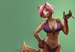 anthro bikini black_pawpads bra brown_body brown_eyes brown_fur clothed clothing female fluffy fluffy_tail fur green_background hair hand_on_hip holding_object key looking_at_viewer navel pawpads paws pink_hair simple_background skimpy smile solo swimwear tail text two-piece_swimsuit underwear powree canid canine mammal 2013 signature