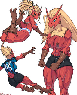 abs athletic avian_feet avian_legs back_muscles bikini blue_eyes bottomwear breast_squish breasts butt clothed clothing female flexing_muscles fur hair internazionale_milano looking_at_viewer lying_on_ground muscular muscular_female muscular_legs nipples on_ground ponytail red_body scales shirt shorts simple_background solo sportswear squish swimwear topless topwear two-piece_swimsuit yellow_body yellow_fur leafsanty nintendo pokemon avian blaziken generation_3_pokemon humanoid pokemon_(species) hi_res