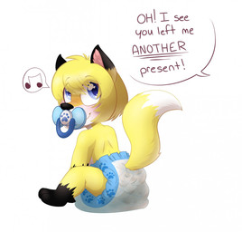ambiguous_gender anthro clothed clothing dialogue diaper diaper_only feces musical_note musical_symbol pacifier pooping scatplay simple_background smelly soiled_diaper soiling soiling_diaper solo speech_bubble symbol text topless unclean_diaper used_diaper using_diaper wearing_diaper white_background young young_ambiguous young_anthro diapered-buns canid canine fox mammal english_text hi_res