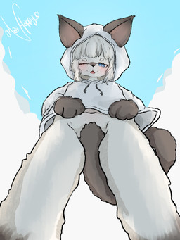 anthro bicolored_fur blush clothing cloud covering covering_crotch covering_vulva female flashing holding_clothing holding_object low-angle_view navel one_eye_closed presenting sky smug worm's-eye_view young young_female maxhappy domestic_cat felid feline felis mammal 3:4 absurd_res hi_res