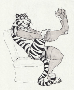 anthro armwear athletic athletic_anthro athletic_male bulge chest_tuft claws clothed clothing crossdressing dressing_up facial_markings fur head_markings head_tuft leaning leaning_backward legwear male male_anthro markings pawpads side_view simple_background sitting smile solo striped_body striped_face striped_fur striped_legs striped_markings striped_tail stripes tail tail_markings toe_claws tuft whiskers hufnaar hufnaar_(character) felid mammal pantherine tiger hi_res monochrome