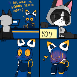 ambiguous_gender anthro blush clothed clothing computer daww dialogue duo electronics eyes_closed eyewear gesture glasses hand_gesture hand_on_face heart_symbol holding_chin hoodie machine mascot open_mouth pointing simple_background sunglasses text topwear uwu wearing_glasses yellow_sclera torau e621 esix torau_(torau) android domestic_cat felid feline felis mammal robot 1:1 2019 absurd_res comic digital_media_(artwork) english_text hi_res signature